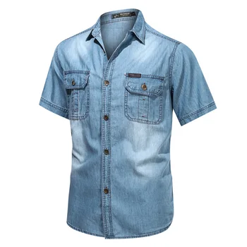 Erkek Açık Mavi Kot Gömlek Kısa Kollu İnce Pamuklu İnce Streç Kot Gömlek Yaz Kaliteli Cep erkek gömleği