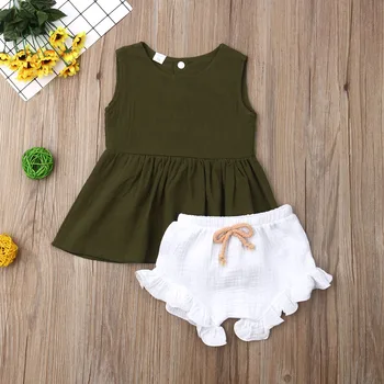 Emmababy Yenidoğan Bebek Kız Giysileri Kolsuz Düz Renk Fırfır Üstleri kısa pantolon 2 ADET Kıyafetler yaz giysileri