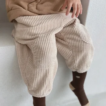 3588B Kore Bebek Pantolon 2023 Sonbahar Kış Yastıklı Kadife erkek çocuk pantolonu Pamuk Yama Eğlence Turp Pantolon Rahat Kız Pantolon