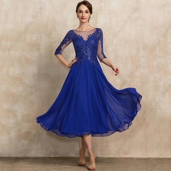 Kraliyet Mavi Scoop anne Gelin Elbiseler Dantel Şifon çay boyu Düğün Parti Elbiseler Kadınlar için 2023 Yaz Robe De