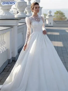 Basit Uzun Kollu Gelin Kıyafeti 2024 Büyüleyici Saten düğün elbisesi Kadınlar İçin Zarif A-Line Gelin Elbiseler Vestidos De Novia