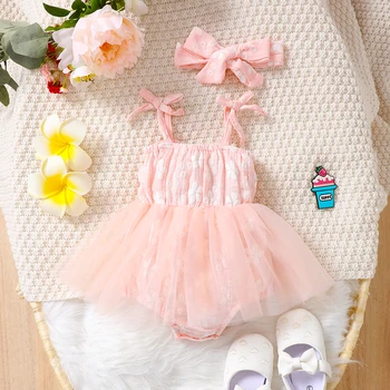 0-18 Ay Yenidoğan Bebek Bebek Giyim Bebek Kız Romper Pembe Elbise Askısı Romper Tül Tutu Elbise Kafa Bandı Kıyafet