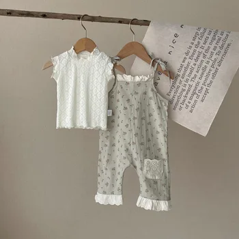 Yaz Bebek Kız Çiçek Askı Pantolon Bebek Moda Dantel Cepler Sling Tulum