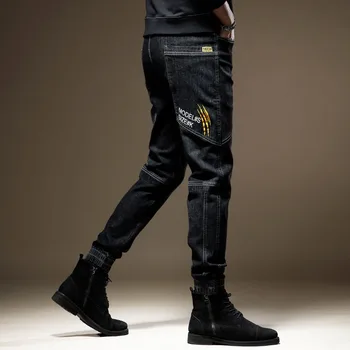 İlkbahar Sonbahar rahat pantolon Çok Cepler Elastik Tasarımcı Denim Erkek 2023 Streetwear MODA Splice Siyah Kot Slim Fit Pantolon