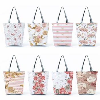 Çiçek Tasarım Logo Kadın Çanta Katlanabilir alışveriş çantası Güzel Gül Çiçek Baskı omuz çantaları Düğün Parti Bayan Özel Desen
