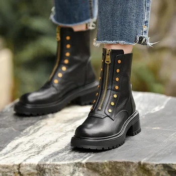 Sokak Tarzı Kış Ayakkabı Kadın günlük çizmeler Yuvarlak Ayak İnek Derisi Sokak Ayakkabı Bahar Sonbahar Botas Fermuarlar Kare Topuk Boyutu 42