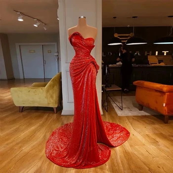 Kırmızı Zarif Mermaid Shining Pullu Abiye Kapalı Omuz Pilili Yan Bölünmüş Dubai Arap Balo Elbiseler Kadınlar İçin 2023