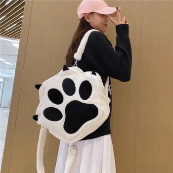 Kadın Büyük kapasiteli sevimli kedi pençe omuzdan askili çanta Yaratıcı kız sırt çantası İnstagram komik peluş okul çantası