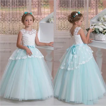 Çiçek Kız Elbise İçin Açık Yeşil Çiçek Tül Uzun 2023 Çocuk Nedime balo elbisesi Communion Özelleştirmek Prenses Parti