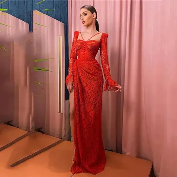 Flora Elbise Kırmızı Dantel Mermaid Abiye Uzun Parlama Kollu Yüksek Yan Bölünmüş Örgün Durum elbise Kadınlar İçin elbiseler de soiré