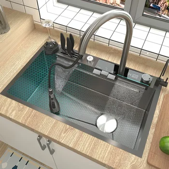 Çift Şelale Lavabo paslanmaz çelik mutfak lavabosu dijital ekran Kabartmalı Tek Yuvalı Çok Fonksiyonlu lavabo Mutfak İçin
