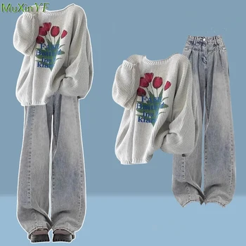 2023 Sonbahar Kış Yeni Çiçek Kazak kot pantolon 1 veya 2 Parça Set Bayan Gevşek Örme Kazak Kot Kıyafetler Moda Triko