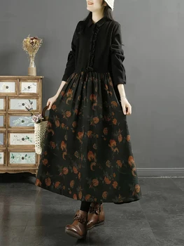 NYFS 2023 Sonbahar Yeni Vintage Baskı Bayan Elbiseler Vestidos Robe Ete Femme Elbise Gevşek Çiçek Patchwork uzun elbise