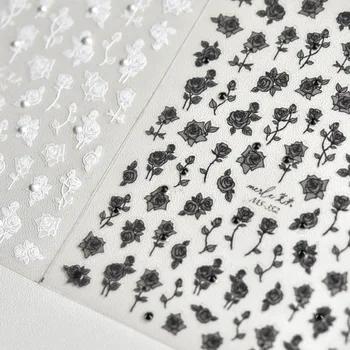 Beyaz Siyah Gül Çiçek İnci Taklidi Hattı Seksi Dantel 5D Kabartma Kendinden Yapışkanlı Tırnak Sanat dekorasyon çıkartmaları DIY Manikür Çıkartmaları