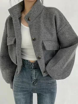Kore Tarzı Vintage Kısa Ceket Kadın Sonbahar Kış Uzun Kollu Yaka Tek Göğüslü Yün Ceket Bayanlar Gevşek Hırka Ceket