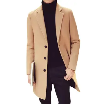 Erkekler Sonbahar kışlık palto Tek göğüslü Düz Renk Uzun Kollu Turn-aşağı Yaka Orta Uzunlukta Kalın Sıcak Rüzgar Geçirmez Hırka Ceket