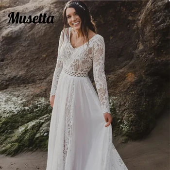 Musetta Boho Plaj Şifon düğün elbisesi Sahil Uzun Kollu Büyük Boy V Boyun Dantel gelin kıyafeti Bir Çizgi Kat Uzunluk Robe de marié
