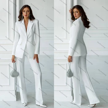 Basit Beyaz 2 Parça Kadın Takım Elbise Doruğa Yaka Bir Düğme Ceket Parti Kıyafeti Custom Made Slim Fit Güç Blazer