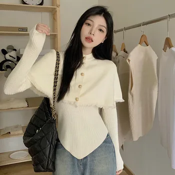 Kore Moda Örgü İki Parçalı Takım Elbise Kadın Zarif İnce Düzensiz Kazak Seti Kadın 2023 Yeni Uzun Kollu Jumper ve Şal