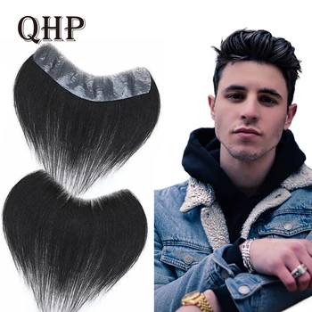 QHP Erkekler Saç Çizgisi Peruk V Şekli Peruk Erkekler İçin gerçek insan saçı Kılcal Protez Cilt Erkek Saç Parçaları Saç Değiştirme Sistemleri
