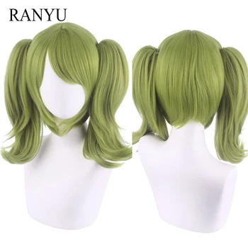 RANYU Danganronpa Monaka Peruk Sentetik Kısa Düz Yeşil Ponytails Anime kostümlü oyun saç peruk Parti için