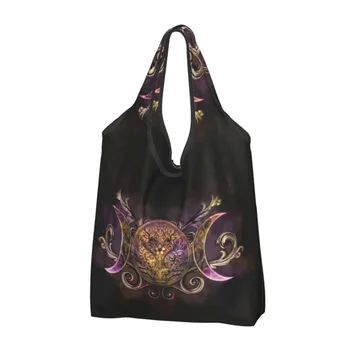 Özel Üçlü Ay Tanrıçası Midnight Pırıltılı alışveriş çantası Kadın Taşınabilir Büyük Kapasiteli Bakkaliye Pagan Wiccan Tote Alışveriş Çantaları