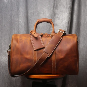 Vintage erkek İnek Derisi Deri Kısa mesafe Taşıma El Bagaj Çantaları Haftasonu Spor Büyük Seyahat silindir çanta postacı çantası