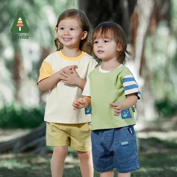 Amila Moda T-shirt bir Erkek için 2023 Yaz Yeni Dinozor Baskı Bebek Tee %100 % Pamuklu Bebek Giysileri Erkek Marka Bebek Üstleri Çocuklar 0-6Y