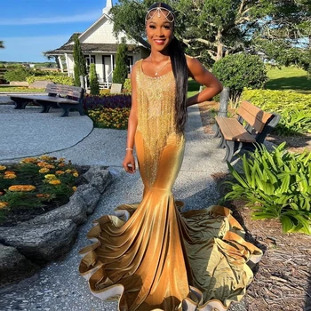 Lüks Kadife Mermaid balo kıyafetleri Kolsuz Altın Püskül Artı Boyutu Siyah Kız Uzun Zarif Akşam Partisi Törenlerinde Custom Made