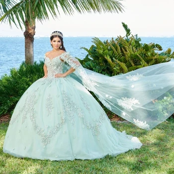 Lorencıa Nane Yeşil Prenses Quinceanera Elbise Aplike Dantel Pelerin Balo Tatlı 16 Elbiseler Gala Vestido De 15 Anos YQD542