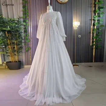 Cıynsıa İslam Müslüman Dubai Düğün Lüks Önlük Yüksek Boyun Şifon Boncuk A-Line Uzun Kollu Gelin Elbise Gelin Artı Boyutu