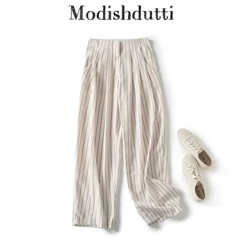 Modishdutti 2024 İlkbahar Yaz Yüksek Kaliteli Kadın Moda Çizgili Pilili Düz Pantolon Kadın Rahat Yüksek Bel Pantolon