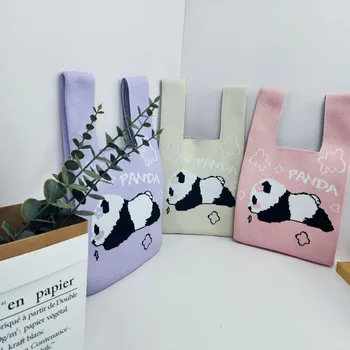 Sevimli Karikatür Panda Desen Çanta Kadın Küçük Tote Çanta Tasarım Dokuma Örme Bilek Çantası Taşınabilir Rahat Kullanımlık Alışveriş Çantası