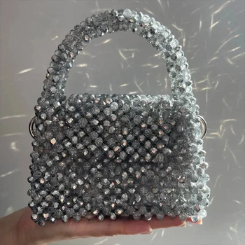 Kristal Boncuk Yarım Gümüş Yarım Beyaz Parlak Özel Bayanlar En saplı çanta Messenger Debriyaj Lüks Tasarımcı Hediye Kadın Çanta