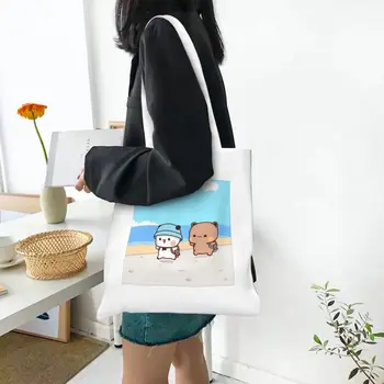Bubu ve Dudu alışveriş çantası Panda Ayı Eko Bez Çantalar Kadınlar için Kawaii Sevimli Kullanımlık Alışveriş Çantası Çift Taraflı Baskı Bolsa Feminina